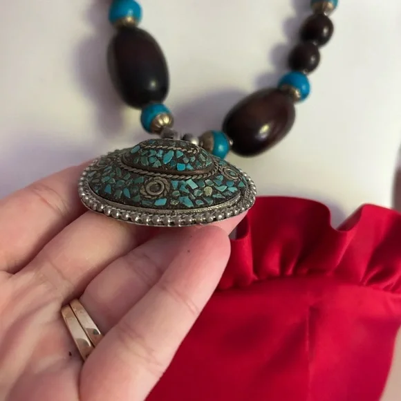 Turquoise and Brown Beaded Necklace with Silver Pendant 22 inches tribal 💙 - Picture 4 of 6
